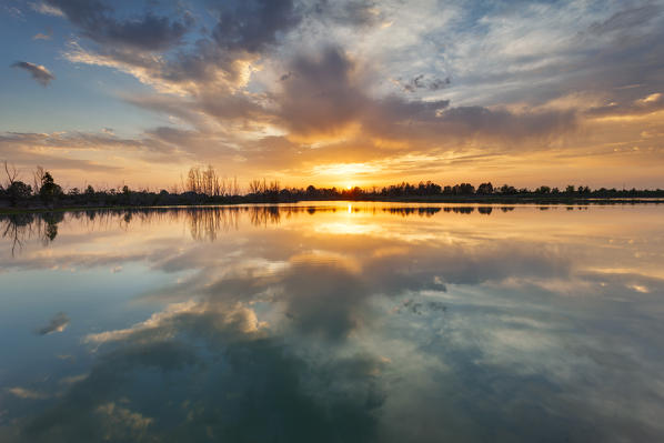 Lake Le Folaghe at sunset, Po Valley, Lombardy, Pavia province, Italy, Europe. 