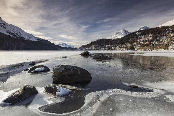 A partially frozen Lake St Moritz in Winter