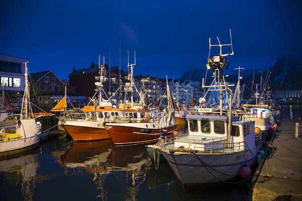 View of Svolvaer port at night. One of the bigger country of Lofoten islands in Norway.