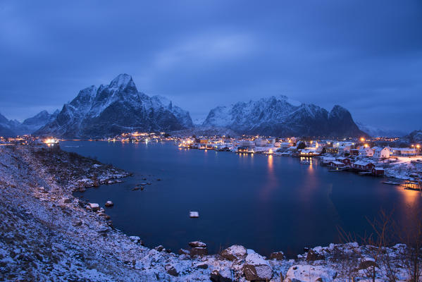 Rorbuer at the Reine fiord in the Lofoten islands, Norway in winter season aftere the sunset