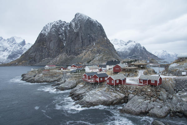 Rorbuer at the Reine fiord in the Lofoten islands, Norway in winter season.