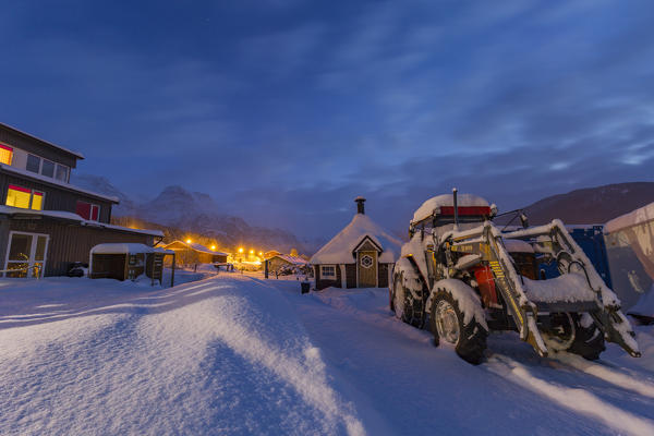 Tractor covered by snow during the night in Bogen village, Evenes, Ofotfjorden, nordland, norway, europe