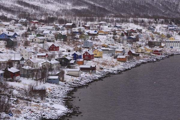 The small fishing village Fjordgard in winter, Lenvik, Troms county, senja,nordland, norway, europe