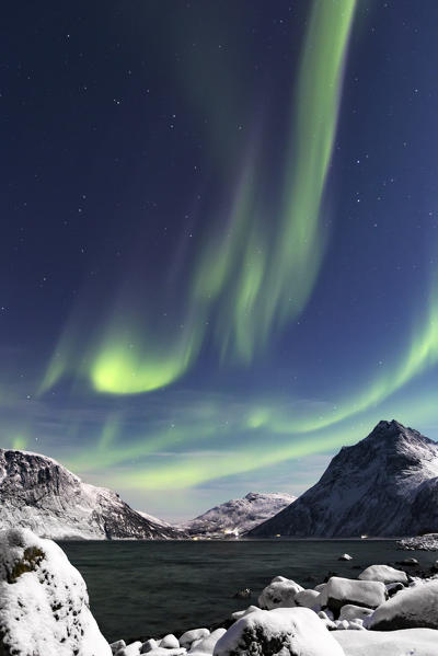 Northern lights (aurora borealis) at Mefjorden fjord, Berg in Troms, Norway, Senja, nordland, norway, europe