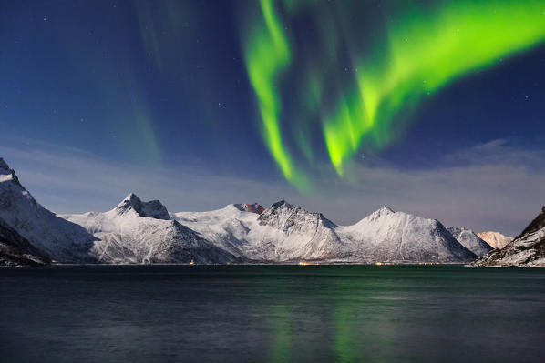 Northern lights (aurora borealis) at Mefjorden fjord, Berg in Troms, Norway, Senja, nordland, norway, europe