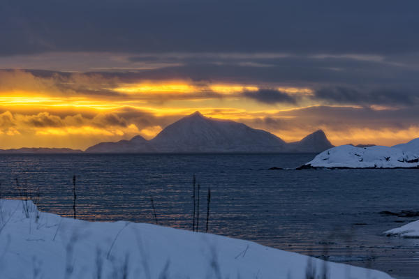 Sunset light over the sea at Lofoten islands, nordland, norway, europe