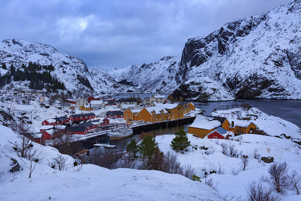 Fishing village Nusfjord after the sunset in winter, Flakstad, lofoten islands, nordland, norway, europe