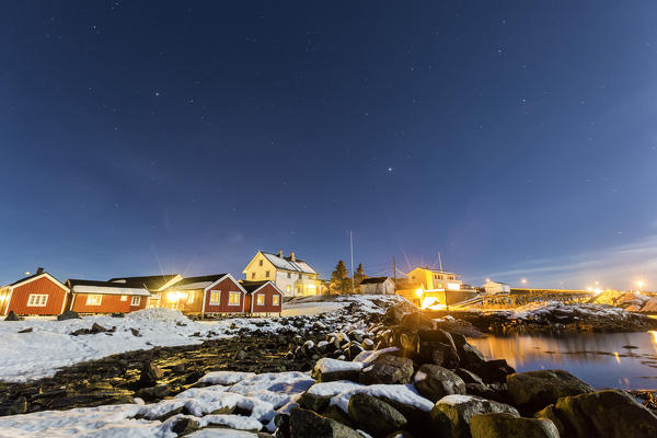 The small fishing village of Hamnoy in winter by night, Moskenes, Nordland county, lofoten islands, norway, europe
