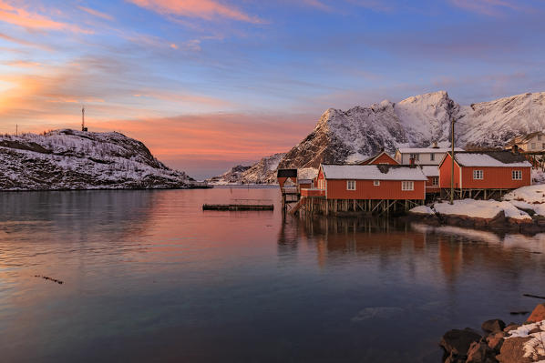 The fishing village Sakrisoy at sunrise, lofoten islands, nordland, norway, europe