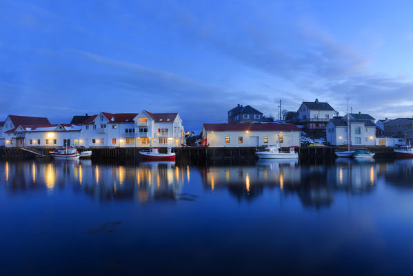 View on the small village of Henningsvaer by night, Lofoten islands, Nordland , norway, europe