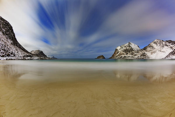 Long exposure at nigth at Haukland Beach, Leknes, lofoten islands, nordland, norway, europe