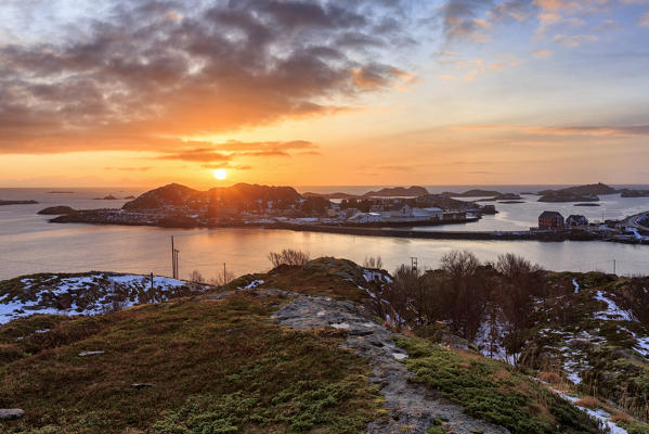 View on the small village of Henningsvaer at sunrise from the island of Engoya, Lofoten islands, Nordland, norway, europe