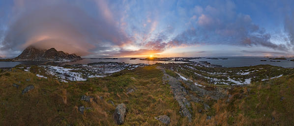 360 degrees panoramic view on the small village of Henningsvaer area at sunrise from the island of Engoya, Lofoten islands, Nordland, norway, europe