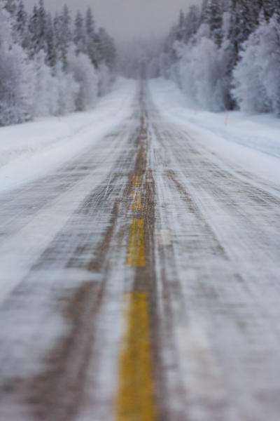 Frozen road near Muonio, Lapland, Finland, Europe