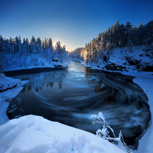 Myllytupa gorge at Oulanka National Park in winter, Oulu, Lapland, Finland, Europe 