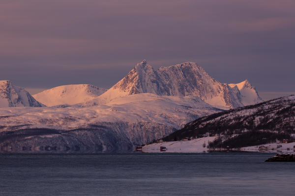 Fata Morgana mirage on a fjord near Tromso with Senja island mountains in background, Tromso, Troms, Norway, Europe