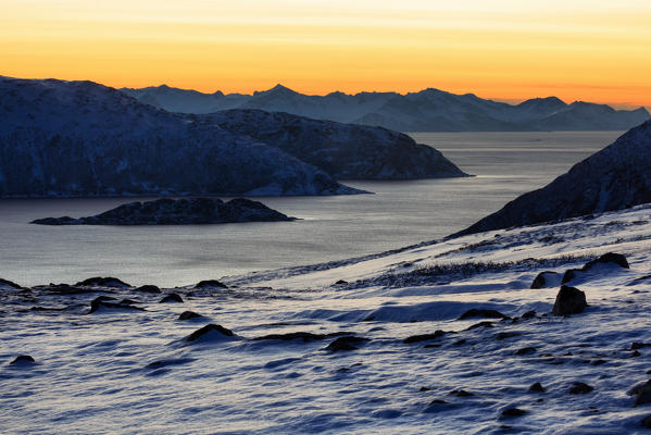 View on the fiords from the slope of mount Brosmetind at sunset, Tromvik, Troms, Norway, Europe