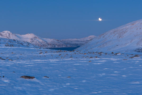 Lunar ecplispe from the slope of mount Brosmetind, Tromvik, Troms, Norway, Europe