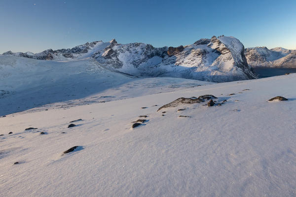 View from the slope of mount Brosmetind at sunset, Tromvik, Troms, Norway, Europe