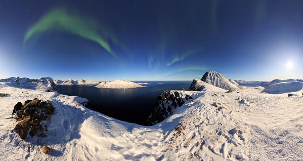 360 panoramic image of northern ligth (aurora borealis) from the summit of mount Brosmetind, Tromvik, Troms, Norway, Europe