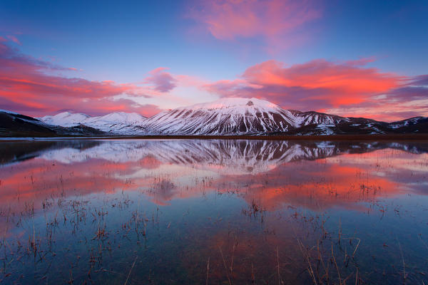 Europe, Italy, Umbria, Castelluccio di Norcia.
Monte carrier at sunset