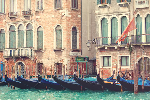 Europe,Italy,Veneto,Venice
Parked gondolas along the Grand Canal of Venice
