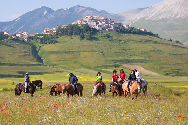 Europe, Italy, Umbria, Perugia district, Castelluccio of Norcia
Boys on horseback walking during the blooming season