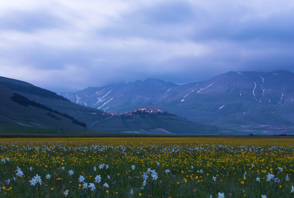 Europe,Italy, Umbria, Perugia district, Sibillini mountains, Castelluccio of Norcia village at dusk