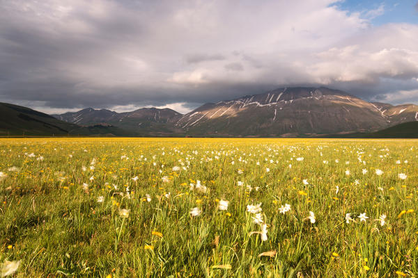 Europe,Italy, Umbria, Perugia district, Sibillini mountains, Castelluccio of Norcia village at sunset 