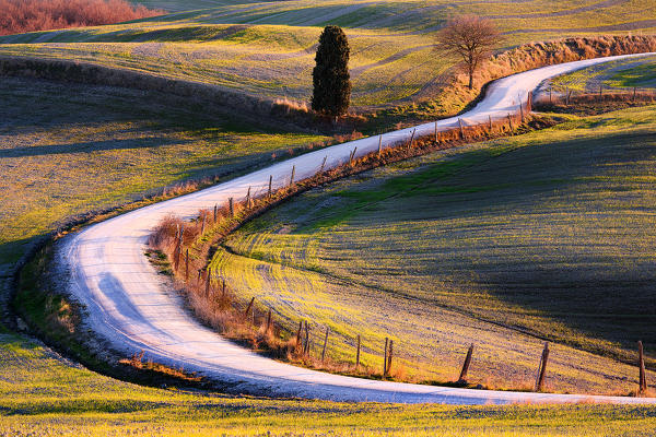 Pathway across the meadows at sunrise in the Orcia's Valley, Tuscany, Italy