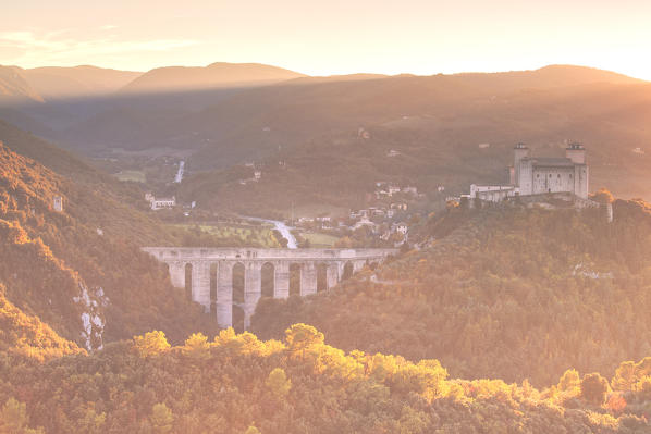 Europe,Italy,Umbria,Perugia district, Spoleto.
Rocca Albornoziana fortress at sunset.