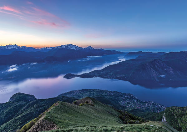 The tipical ypsilon shape of Lake Como, before dawn from mount Crocione in the lake Como center Lombardy, Italy, Europe