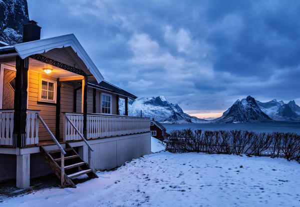 Typical house of fishermen called Rorbu Reine Moskenes Lofoten Islands Norway Europe