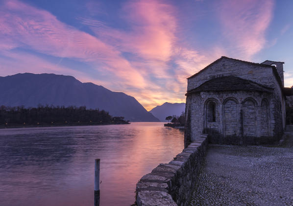  Sunset over Lake Como from the old church dedicated to St .James and Philip in Spurano ( Ossuccio district ) ,comacina island, como district,lombardy,italy,europe