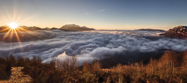 Italy, Lombardy, Como district. Como Lake,Clouds carpet, dawn,mount grona, 