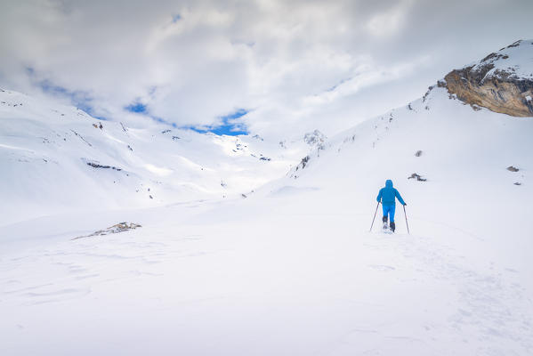 Alpinist in Val di Rhemes, Gran Paradiso National Park, Aosta Valley, Italian alps, Italy