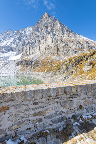 Lake d'Avino and Monte Leone seen from the dam, Alpe Veglia, Veglia Devero Natural Park, Ossola,  province of Verbano Cusio Ossola, Piedmont, Italian alps, Italy