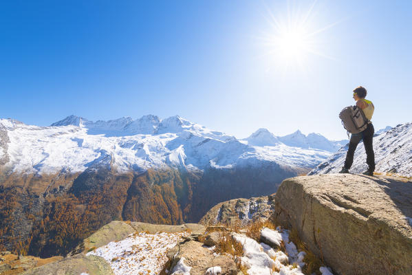 Hiker in Valsavarenche, Gran Paradiso National Park, Aosta Valley, Italian alps, Italy