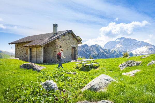 Hiker at baita Monte Campo, Val Brembana, Alpi Orobie, province of Bergamo, Lombardy, Italian alps, Italy