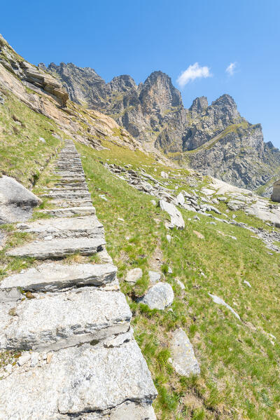 The path for Truzzo lake, Valle del Drogo, Valle Spluga, province of Sondrio, Lombardy, Italian alps, Italy