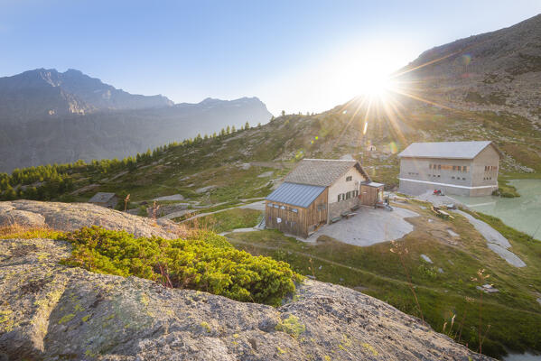 Refuge Jervis at dawn, Valle dell Orco, Gran Paradiso National Park, Province of Turin, Piedmont, Italian alps, Italy