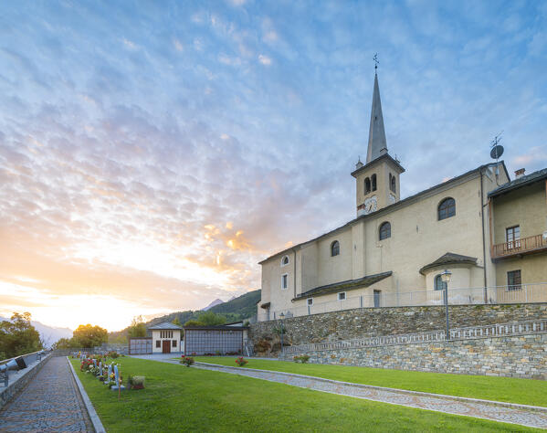Sunrise near the church of Introd, Vallee d Aoste, Italian alps, Italy