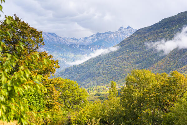 Autumnal view from the woods between Chambave and Chatillon, Aosta Valley, Italian alps, Italy