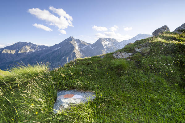 Path sign in high Campiglia valley, Valle Soana, Gran Paradiso National Park, Piedmont, Italian alps, Italy