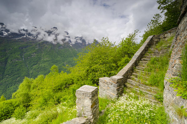 Stone stairway in Sant'Anna sanctuary (Orco Valley, Gran Paradiso National Park, Piedmont, Italy)