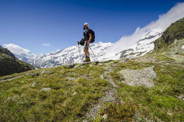 Hiker in Valgrisenche, Aosta Valley, Italy, Italian alps