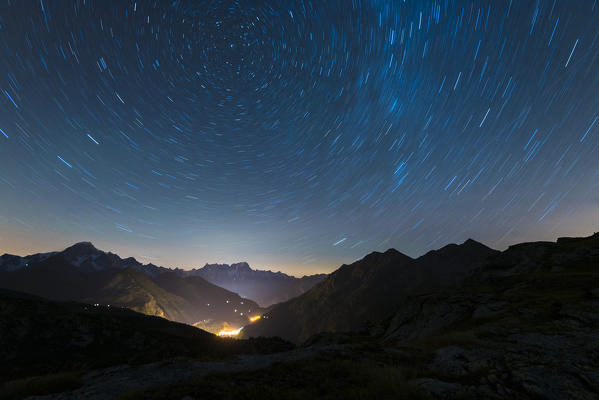 Startrail on Mont Blanc massif, La Thuile, Aosta Valley, Italy, Italian alps