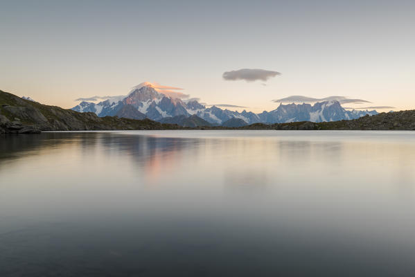 Sunrise on Mont Blanc massif from Tachuy lake, La Thuile, Aosta Valley, Italy, Italian alps