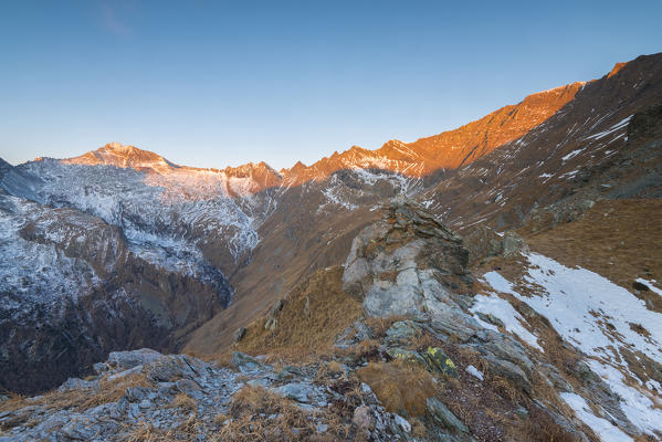 Sunrise on the head of Campiglia Valley, Valle Soana, Gran Paradiso National Park, Piedmont, Italy, Italian alps; 
