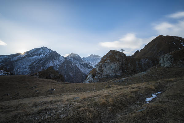 Sunset behind Punta Tressi in Valle Soana, Gran Paradiso National Park, Piedmont, Italy, Italian alps